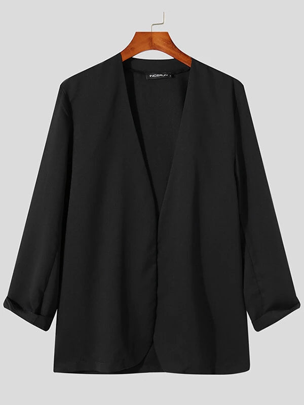 INCERUN Mens Casual Blazer Solid Collarless Casual Long Sleeve Business Blazer