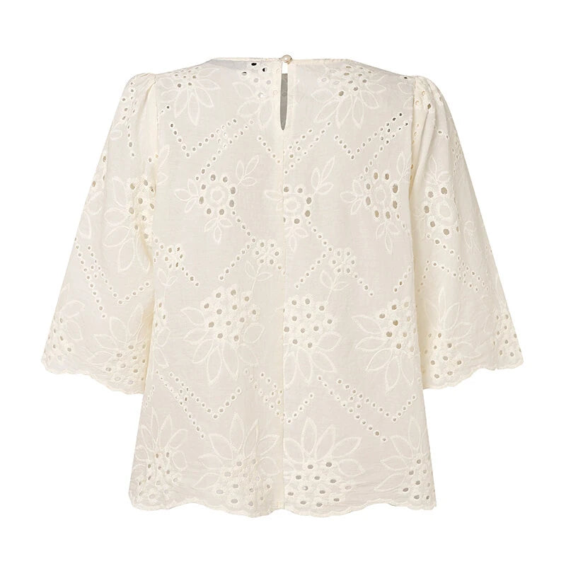 ZANZEA Elegant Style Womens Vintage Casual Cotton Crop Shirts Top Vacation Crew Neck Hollow Embroidery Blouses