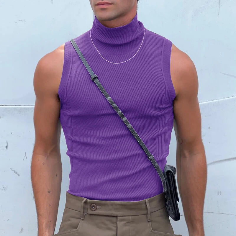 INCERUN Mens Tank Tops Fashion-forward Males Solid Color Knitted High-necked Vest Summer Comfy Sleeveless Men's Top Clothing