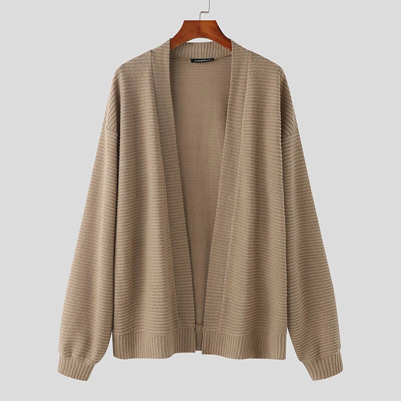 INCERUN Mens Knitted Striped Long Sleeve Cardigan Casual Solid Color Spring Fall Winter Men's Coat