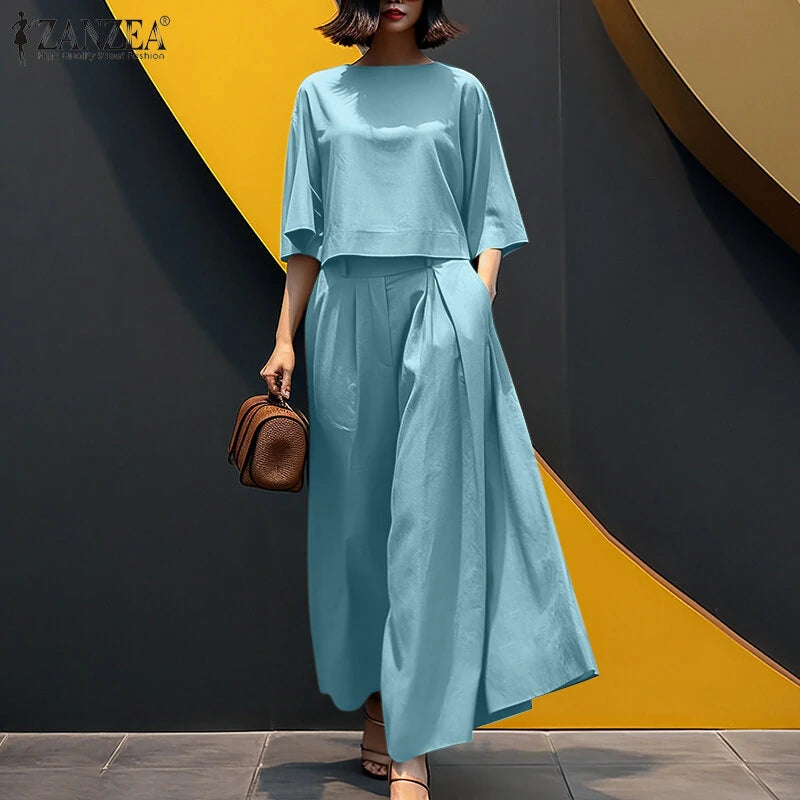 ZANZEA Women Two-piece Outfits 3/4 Sleeve O-Neck Top Elastic Waist Pleated Wide Leg Pants Sets