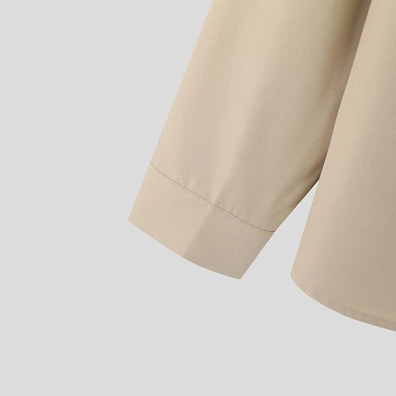 INCERUN Mens Deconstructed Tie-Detail Long Sleeve Shirt Fashion Solid Color Button Lapel Top Shirts for Male