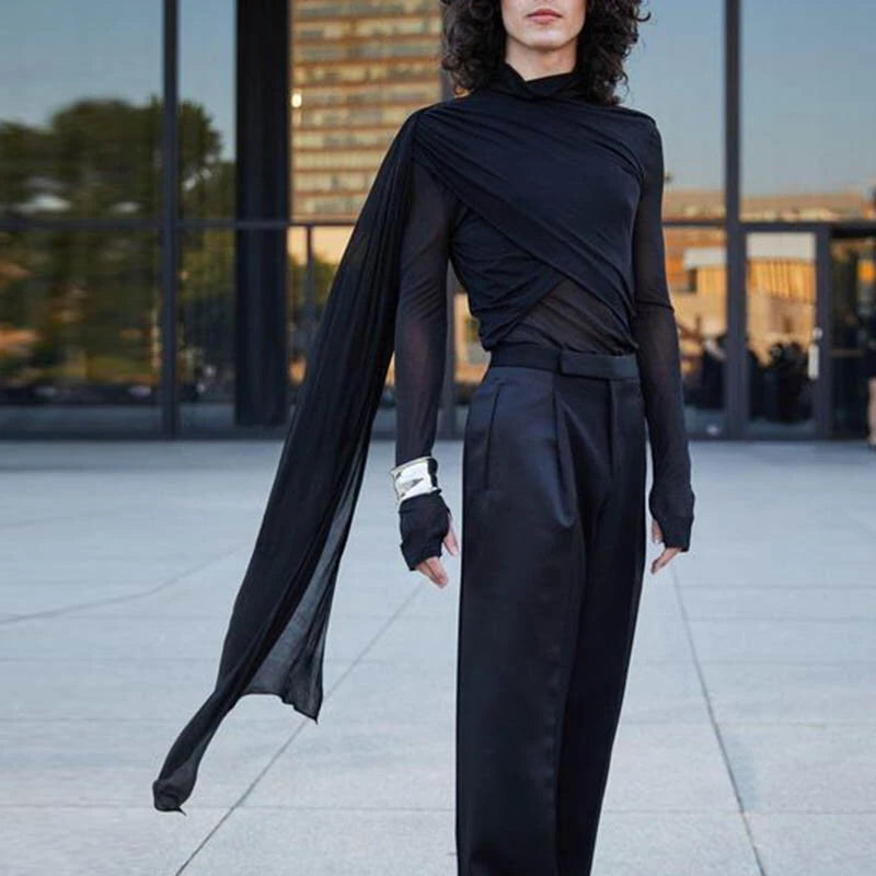 INCERUN Men Cross-Deconstructed Ribbon Design Long Sleeve Top T-shirts Fashion Solid Color See-through High Stretch Clothing for Men