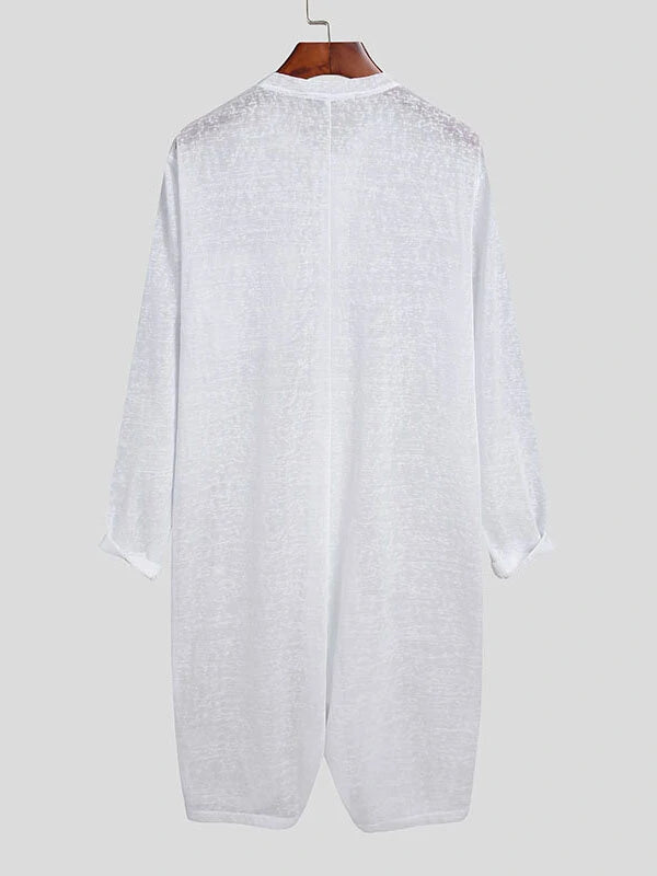 Men Thin Button Up Solid Color Long Sleeve Button Up Jumpsuit