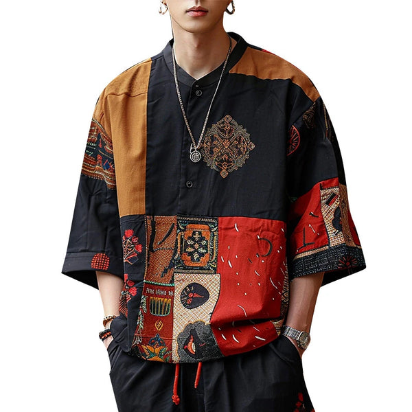 INCERUN Ethnic Style Mens Shirt, Mid-length Sleeve Stand Collar Loose Casual Shirt For Men Daily Vacation Streetwear