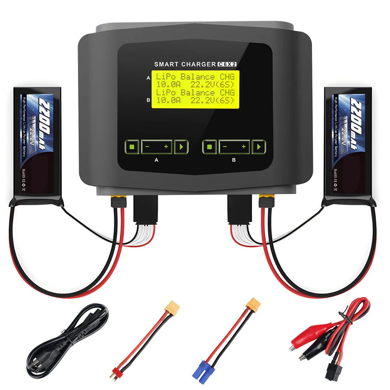 HTRC C6X2 AC 150W DC 240W Dual Channel LCD Screen Lipo Charger RC Balance Discharger for 1~6S LiPo LiFe Lilon 1~15S NiCd NiMH Battery