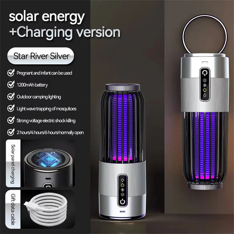 2 in 1 Solar Powered Mosquito Killer Lamp LED Lighting 1200mAh Lithium Battery 2500V High-voltage Efficient Bug Zapper Outdoor Camping Night Light