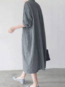 Stripe Button Lapel Casual Cotton Shirt Dress