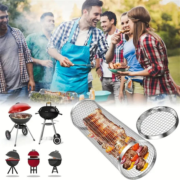 IPRee Round BBQ Basket Stainless Steel Rolling Grilling Basket Wire Mesh Cylinder Grill Basket Portable Outdoor Camping Barbecue Rack