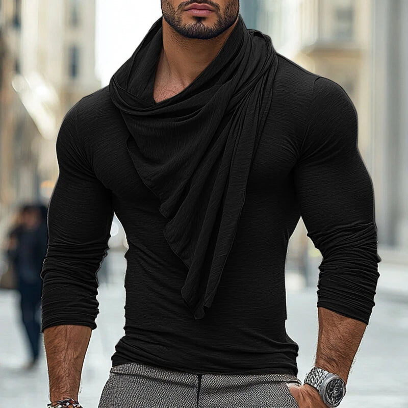 INCERUN Mens Draped Neck Ruffled Long Sleeve T-Shirt Comfortable Stretch Fabric Casual Tshirt for Male