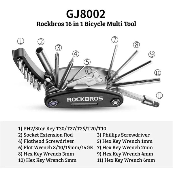 ROCKBROS GJ8002 16 in 1 Bike Multitools Mountain Bicycle Tools Sets Bike Bicycle Repair Tools Kit Hex Wrench Mountain Cycle Screwdriver Tool
