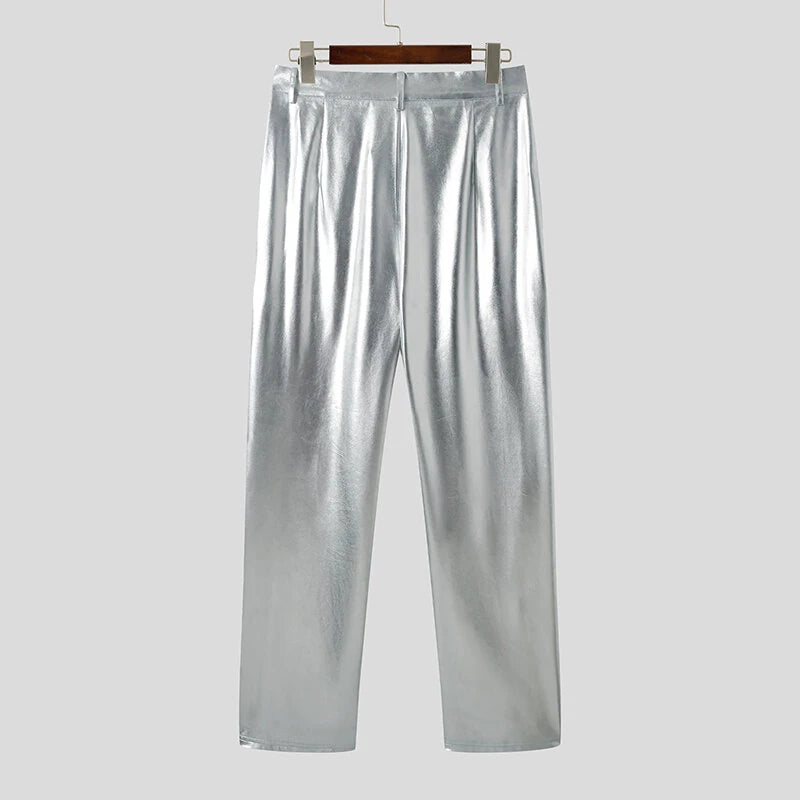 INCERUN Men Shiny Pant with Pockets Party Nightclub Style Pantalons Men's Coated Shiny Elastic Trousers Fashion Personalized Male Long Pants S-5XL