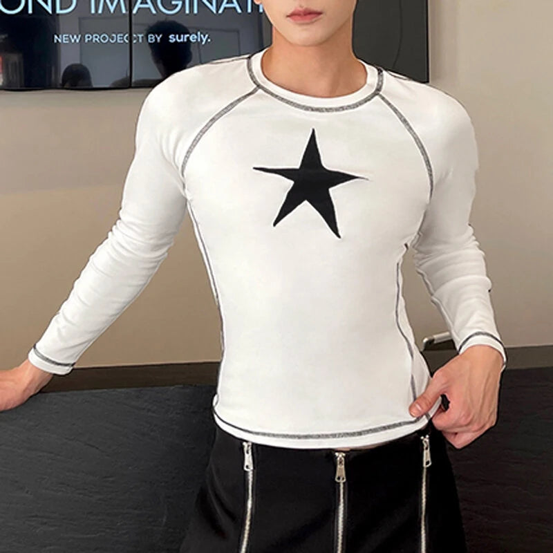 INCERUN Men Start Print White Tight T-shirt Fashion Stitching Crew Neck Long Sleeve White Top Tee for Men Plus Size, Spring Fall
