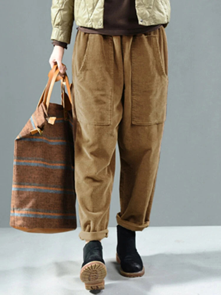 Corduroy Elastic Waist Solid Color Side Pocket Harem Pants