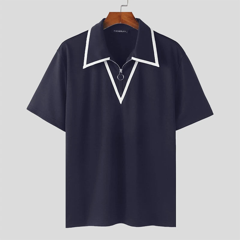 INCERUN Mens Fashion Design Spliced Collar Shirt Comfortable Fabric Short Sleeve Zipper Lapel Top for Male S-5XL