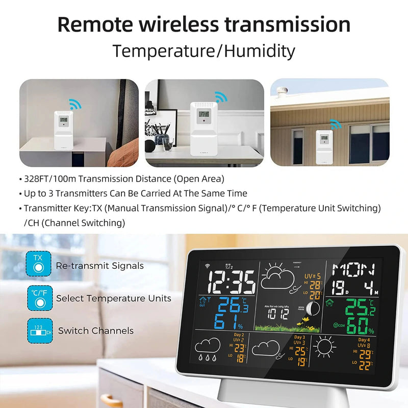 Tuya Wifi Wireless Weather Station Alarm Clock With 7.5 Inch Display / Atomic Clock / Weather Forecast / Outdoor Thermometer / Air Pressure / Moon Phase