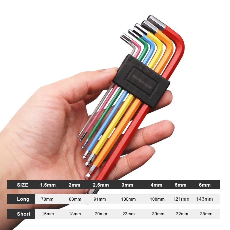 RIDERACE 7Pcs S2 Alloy Steel Portable Mini Bicycle Inner Hexagon Wrench Set 1.5/2/2.5/3/4/5/6mm Spanner Flat Ball Opening Colorful MTB Road Bike Repair Tool Kit