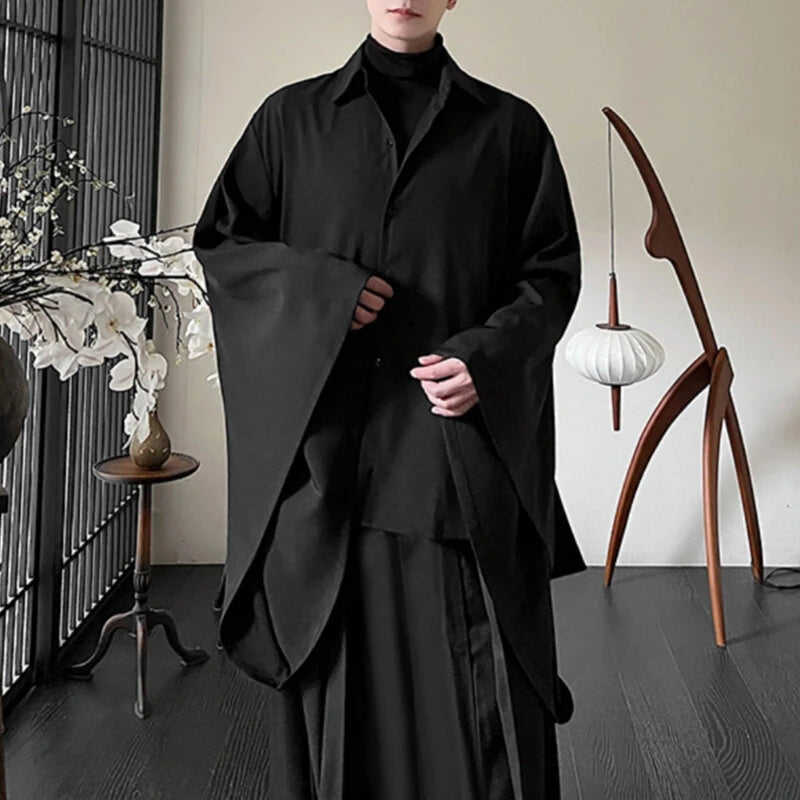 INCERUN Men's Casual Black Shirt, Button Up Long Sleeve Shirt, Chic Retro Lapel Loose Batwing Sleeve Shirt for Men