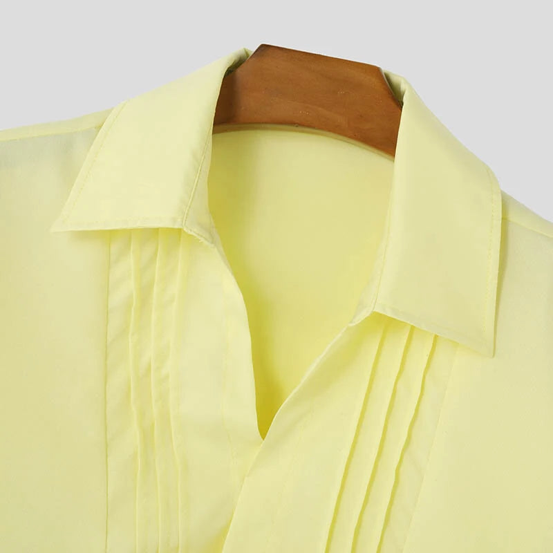 INCERUN Mens Asymmetrical Pleated Short Sleeve Shirt Casual Solid Color Lapel Top for Male