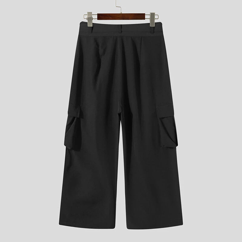INCERUN Men Casual Black Pants Loose Joggers Solid Color Loose Wide Leg Overalls Trousers with Side Pocket Streetwear Casual Pantalones