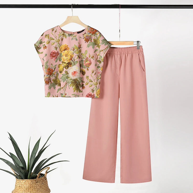 ZANZEA Women's 2pcs Suits Floral Short Sleeve O-Neck Top Elastic Waist Wide Leg Trousers Vintage Sets