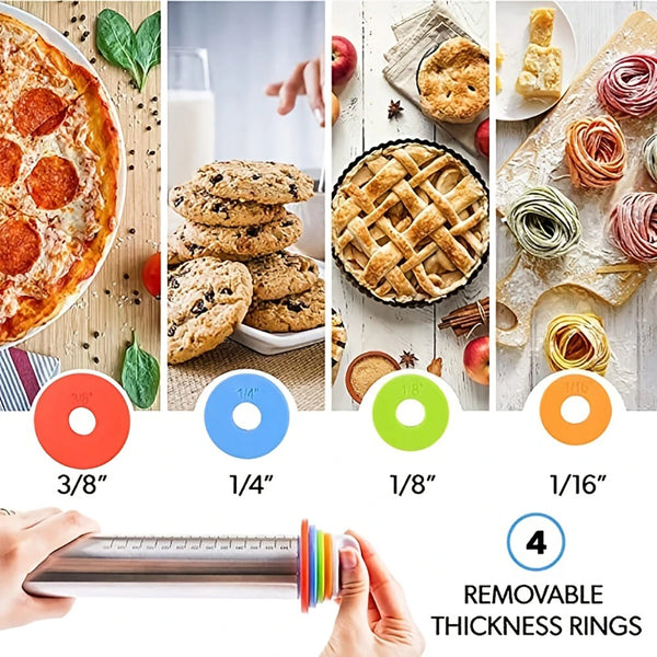 Rolling Pin Kitchen Tool Stainless Steel Adjustable For Baking Pasta Pizza Pie 4 Different Adjustable Thickness