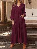 ZANZEA Plus Size Women Long Dress Solid Color V-neck Long Sleeve Causal Maxi Dress