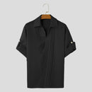 INCERUN Mens Asymmetrical Pleated Short Sleeve Shirt Casual Solid Color Lapel Top for Male
