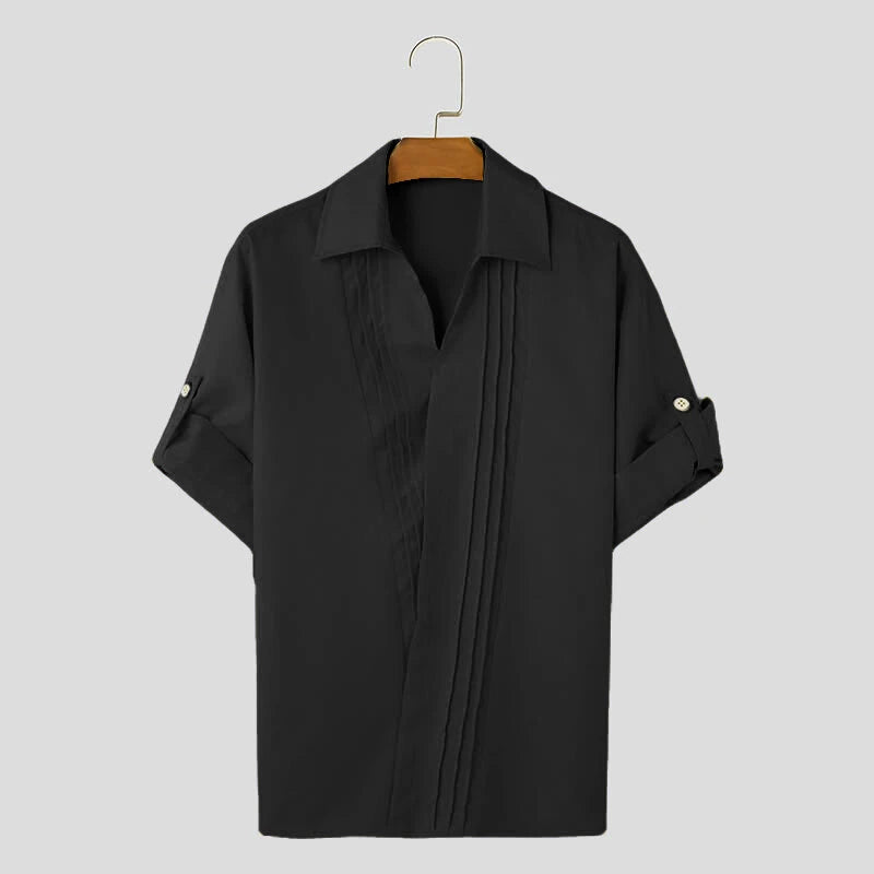 INCERUN Mens Asymmetrical Pleated Short Sleeve Shirt Casual Solid Color Lapel Top for Male