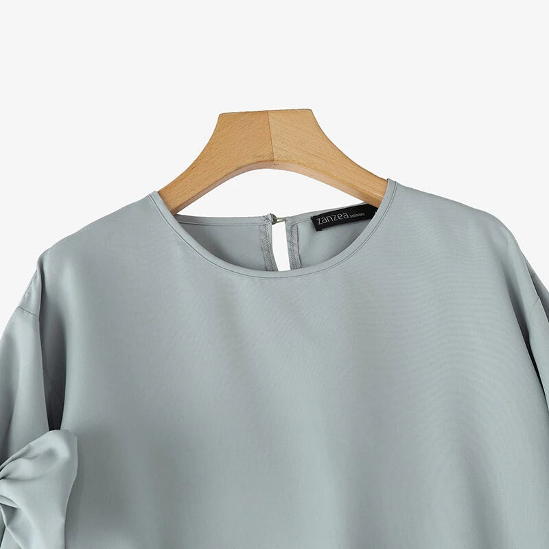 ZANZEA Elegant Style Womens Shirts Blouses Ladylike Crew Neck Ruffled Sleeves Tops Side Bowknot Solid Blouses