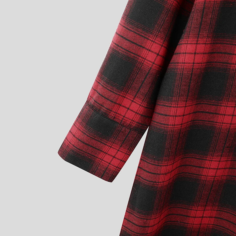 INCERUN Mens Plaid Patchwork Long Sleeve Shirt Fashion Classic Checkered Lace Up Strap Long Shirt for Men