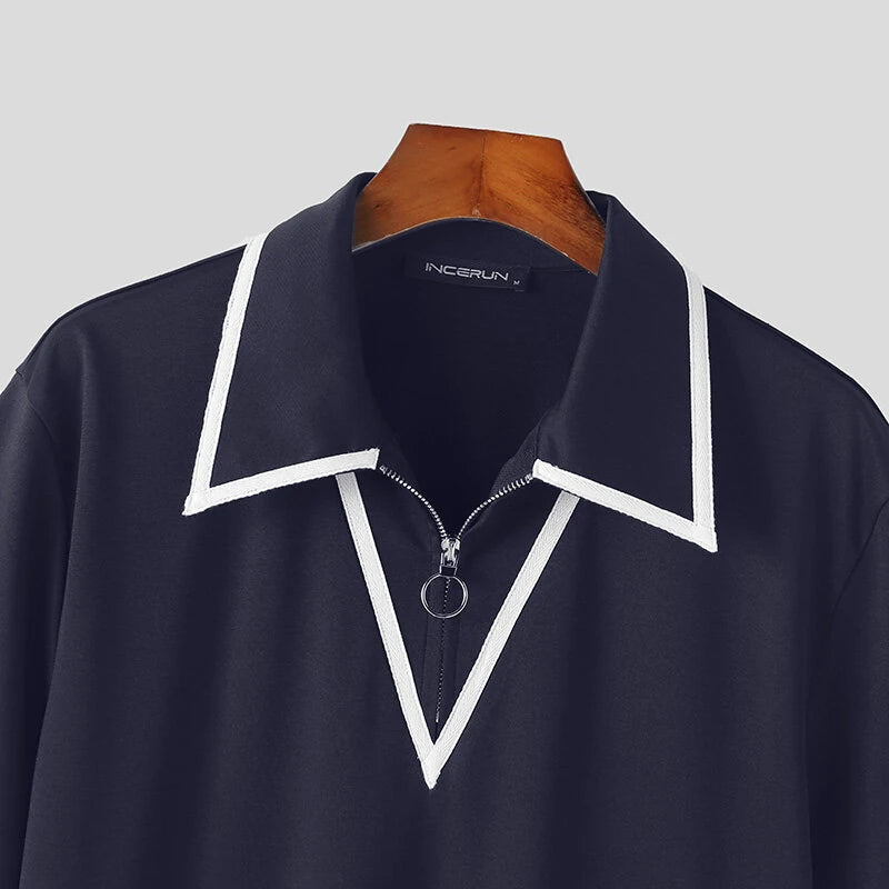 INCERUN Mens Fashion Design Spliced Collar Shirt Comfortable Fabric Short Sleeve Zipper Lapel Top for Male S-5XL