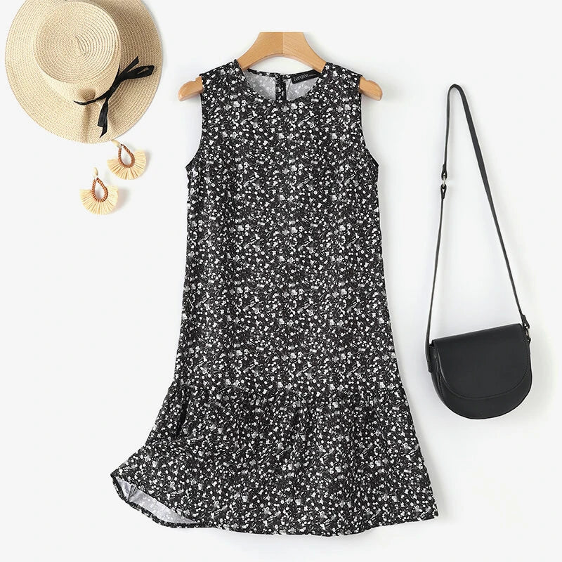 ZANZEA Women Floral Print Party Dress with Mermaid Hem and Ruffle Hem, Fashion Sleeveless Loose Fit Midi Dress Plus Size