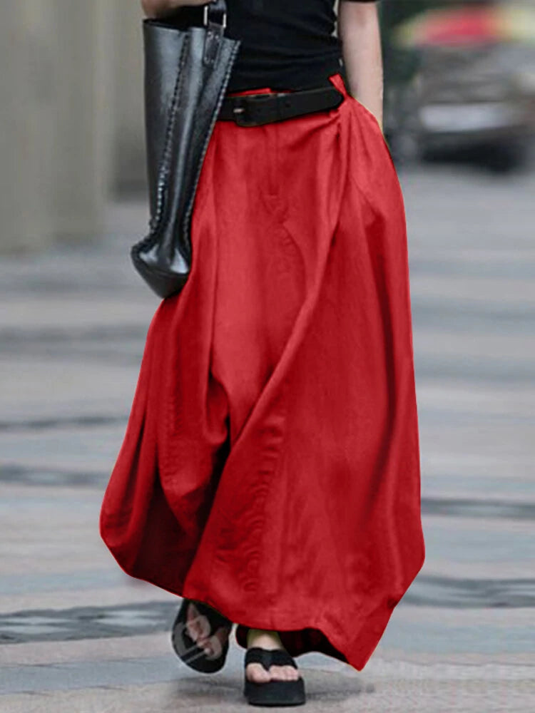 Women Cotton High Elastic Waist Side Pocket Zipper Solid Casual Skirts
