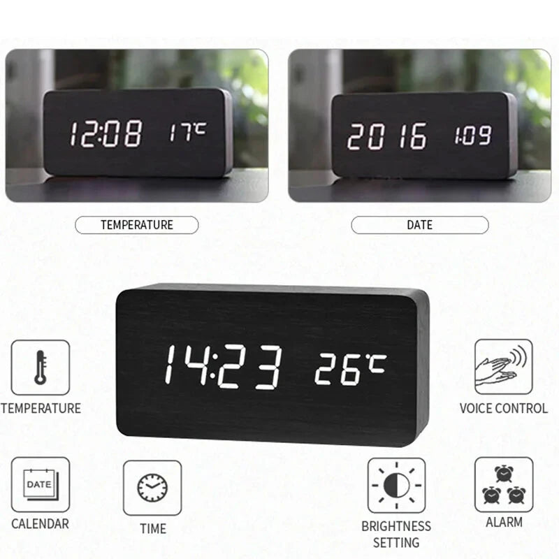 LED Electronic Wooden Alarm Clock Time Temperature Display USB + Battery Dual Power Supply Digital Alarm Clock LED Alarm Clock with Temperature Desk Clocks for Office Bedside Clock