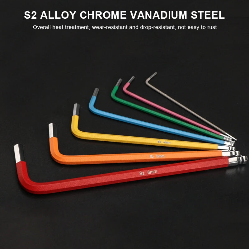 RIDERACE 7Pcs S2 Alloy Steel Portable Mini Bicycle Inner Hexagon Wrench Set 1.5/2/2.5/3/4/5/6mm Spanner Flat Ball Opening Colorful MTB Road Bike Repair Tool Kit
