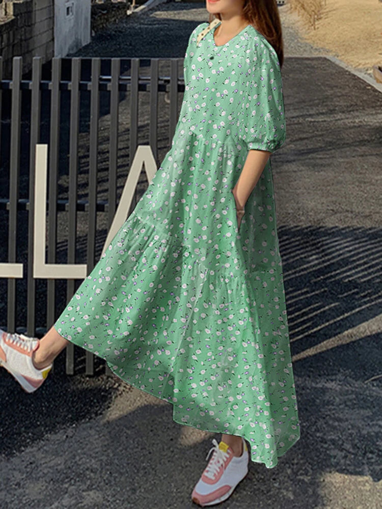 Floral Print Pocket Half Sleeve Ruffle Casual Maxi Dress