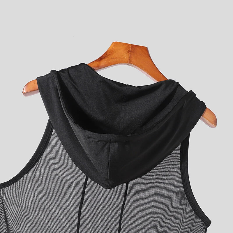 NCERUN Mens Tank Top Mesh Hooded See-Through Comfort Breathable Tanks