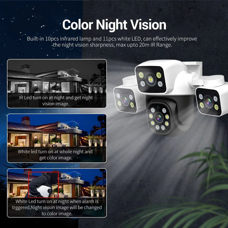 ESCAM PT223 3x4MP Three-Lens Camera Three-Screen PTZ Monitoring Sound And Light Alarm Two-Way Voice Cloud Storage Human Detection WiFi Camera