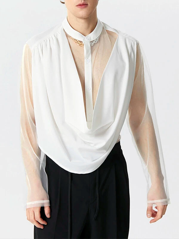 INCERUN Mens Shirt Fashion Swing Neck Patchwork Mesh Fabric Long Sleeve Shirts See Through Nightcklub Mens Clothing