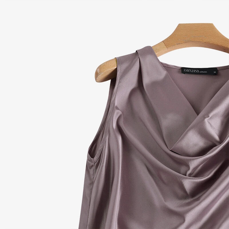 ZANZEA Women's Blouses Elegant Cowl Neck Tanks Tops Office Work Sleeveless Satin Camisoles