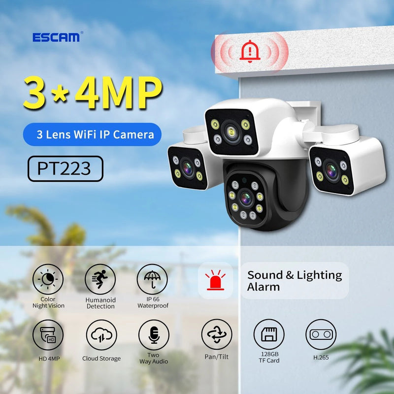 ESCAM PT223 3x4MP Three-Lens Camera Three-Screen PTZ Monitoring Sound And Light Alarm Two-Way Voice Cloud Storage Human Detection WiFi Camera