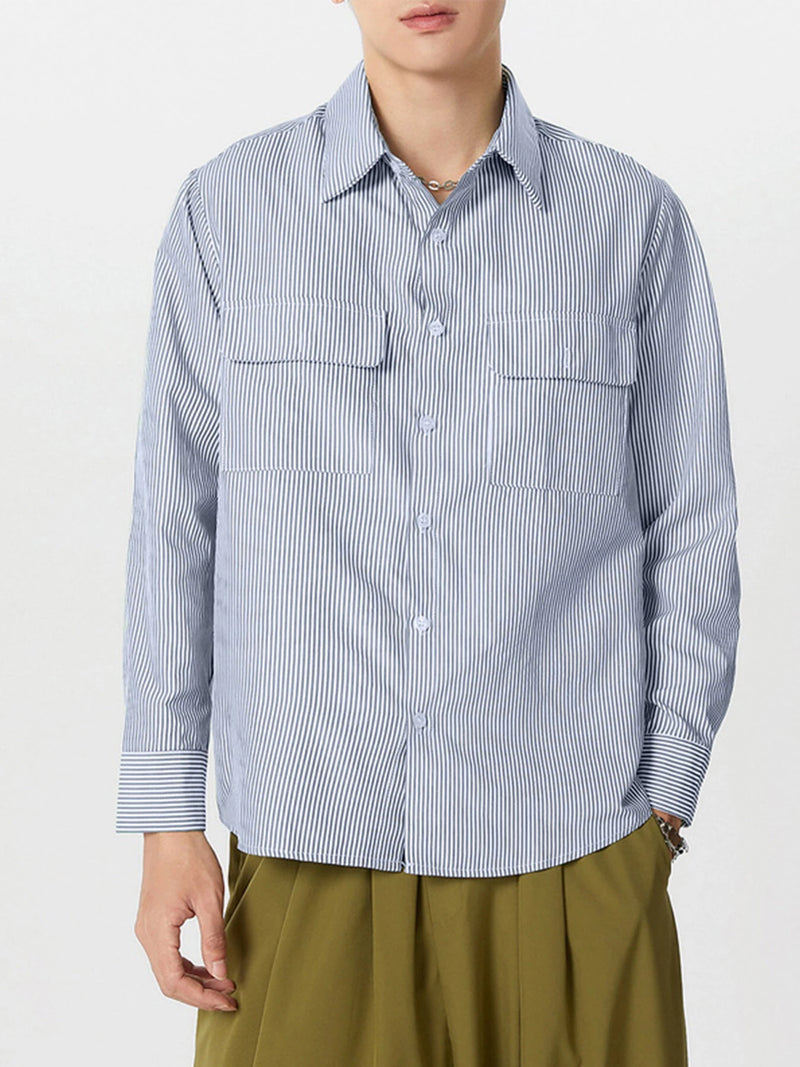 INCERUN Mes Daily Casual Striped Shirt with Double Breast Pocket