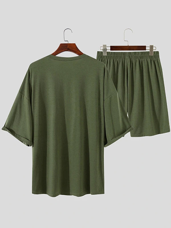 Mens Solid Drop Shoulder Casual Two Piece Outfits