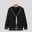 INCERUN Mens Twist Patchwork V-Neck Long Sleeve T-Shirt Fashion Solid Color Drawstring Design Tshirt