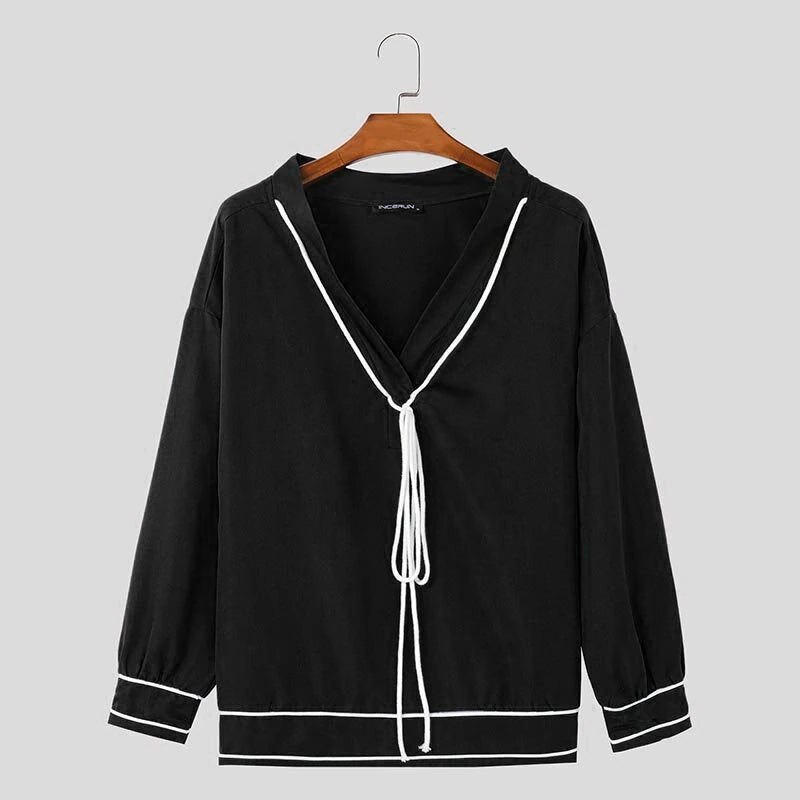 INCERUN Mens Twist Patchwork V-Neck Long Sleeve T-Shirt Fashion Solid Color Drawstring Design Tshirt
