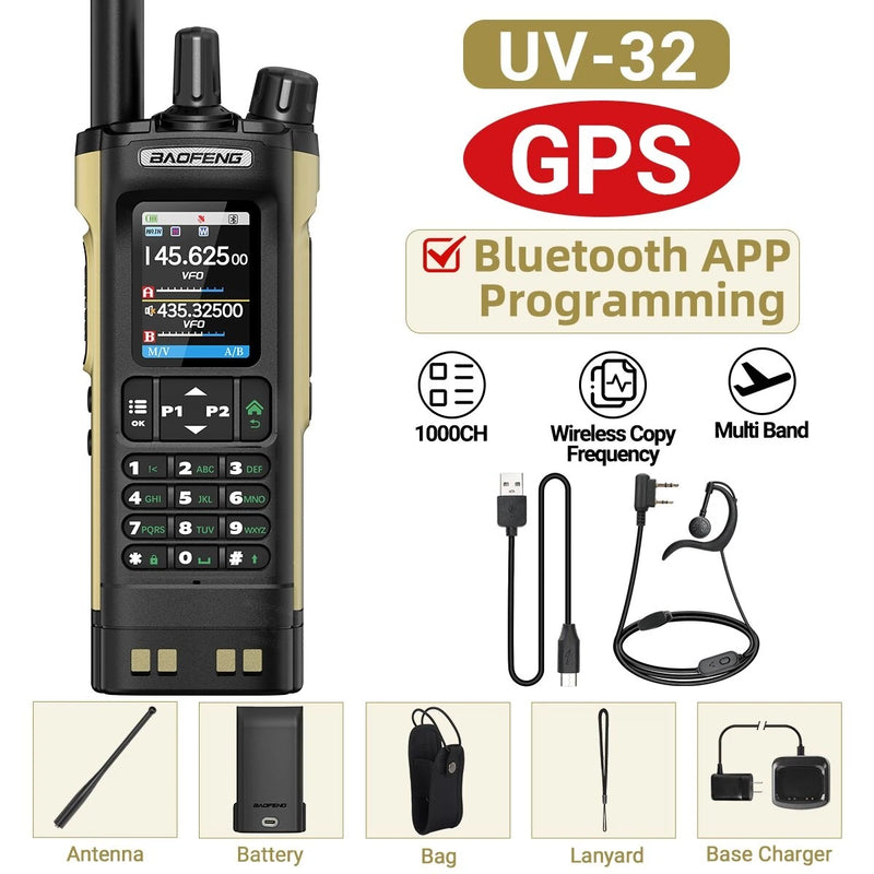 Baofeng UV32 10W GPS Walkie Talkies Sand Color Custom Two Way Radio Multi-Band Bluetooth APP Programming Tri-Power 2.0" TFT Screen NOAA Weather Reception