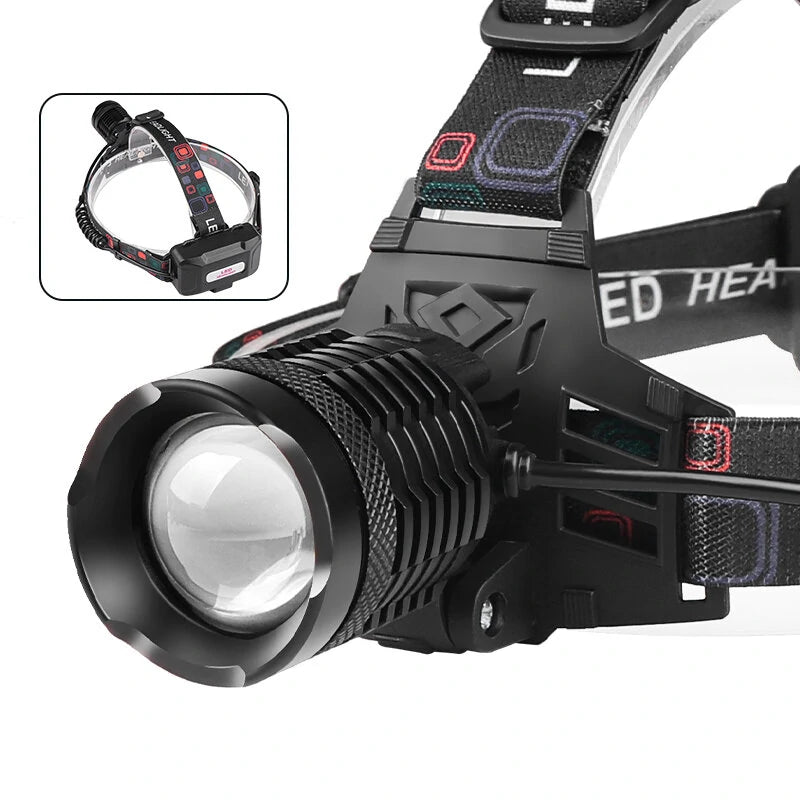 XHP70 30W LED White Blue Yellow Light USB Rechargeable Headlamp Ultra Light Bright LED Headlight Portable Front Head Light Fishing Flashlight with 18650 Battery