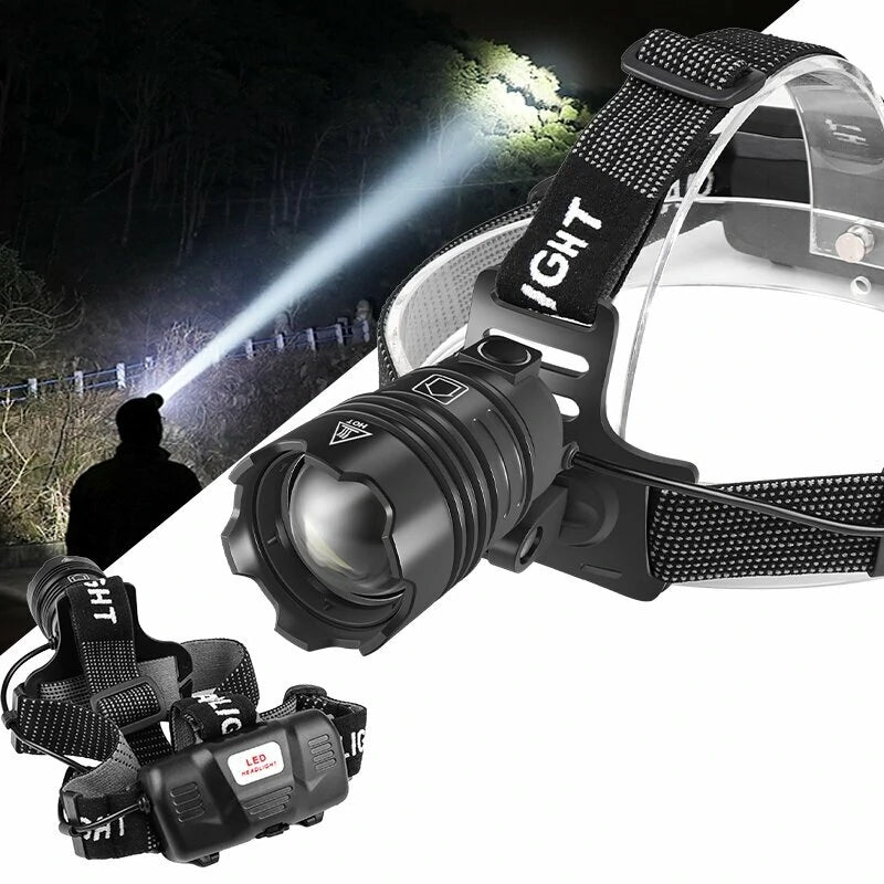 XHP70 Strong LED Headlamp Type-C USB Charging Outdoor Fishing Zoom Headlight Bike Running Search Head Lamp