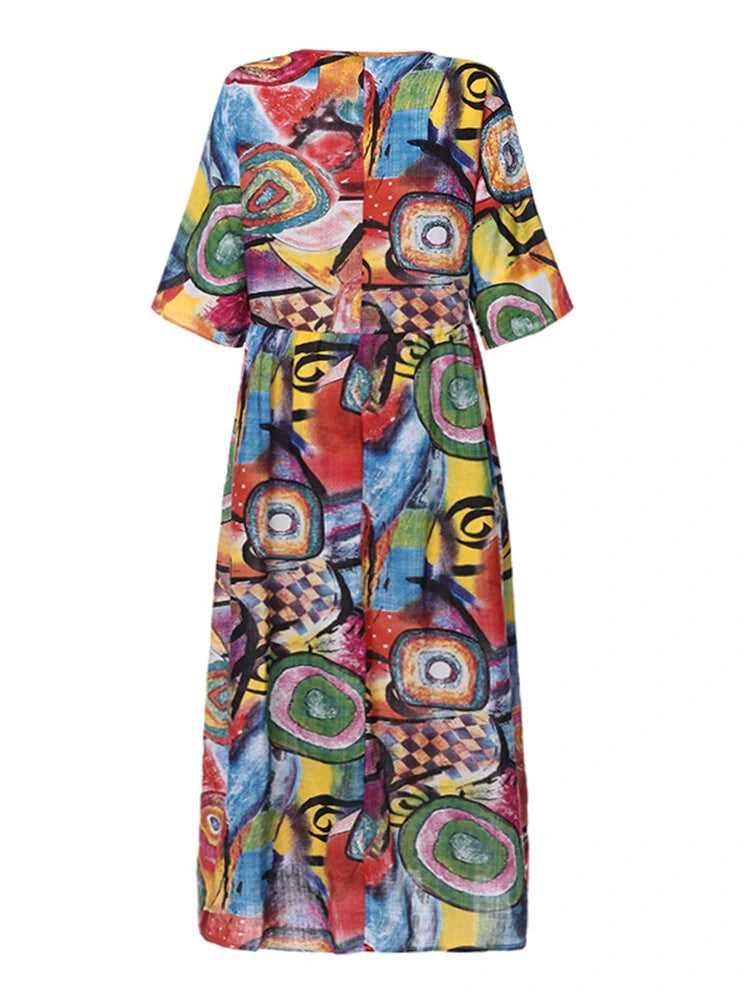 ZANZEA Women Retro Graffiti Print Round Neck Pleated Casual Beach Maxi Dresses